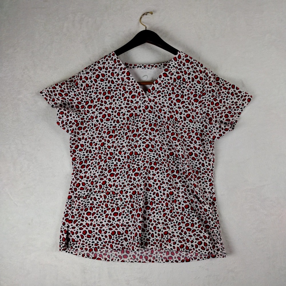 Maevn Prints Womens Red Black Leopard Animal Print Scrub Top V-Neck 1767 Large